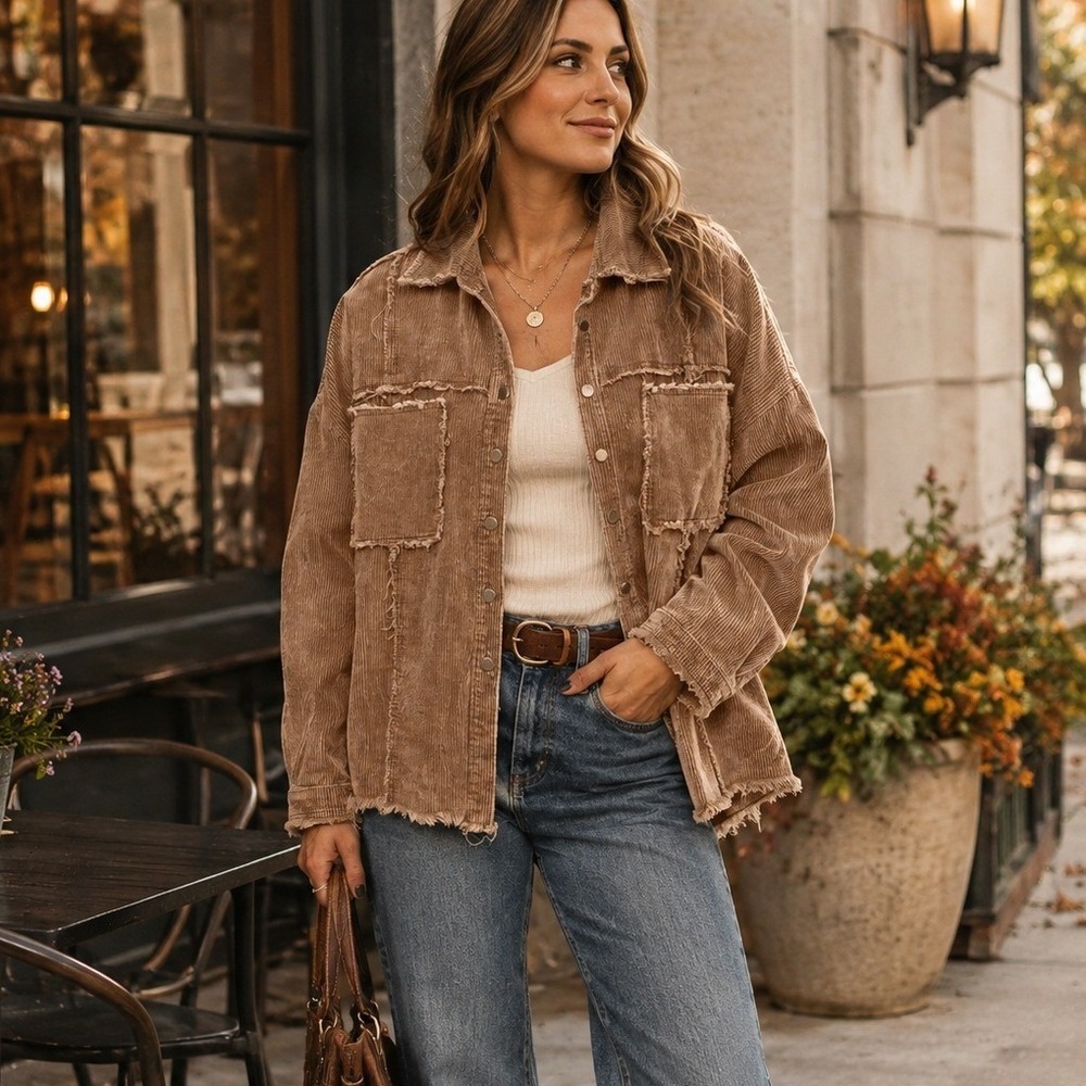 POL Brown Corduroy Shacket Oversized Raw Hem Distressed Boho Jacket Western